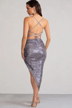 Anya | Gunmetal Sequin Cami Cowl Neck Asymmetric Hem Midi Dress
