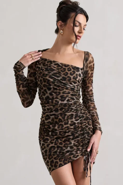 Aphrodite | Leopard Print Asymmetric Ruched Side Mini Dress