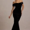 Apolline | Black Velvet Off The Shoulder Ruched Fishtail Maxi Dress
