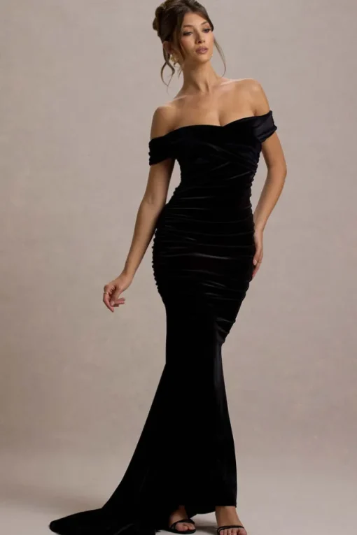 Apolline | Black Velvet Off The Shoulder Ruched Fishtail Maxi Dress