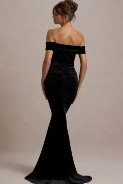 Apolline | Black Velvet Off The Shoulder Ruched Fishtail Maxi Dress