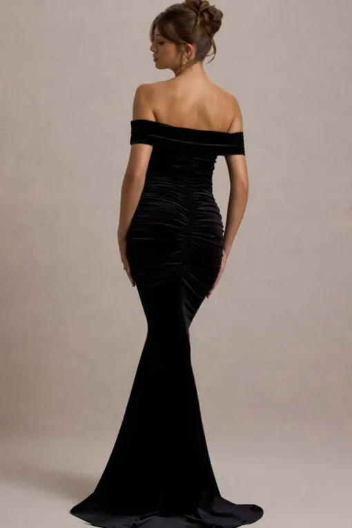 Apolline | Black Velvet Off The Shoulder Ruched Fishtail Maxi Dress