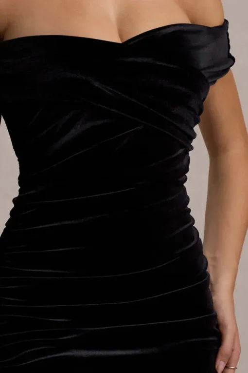 Apolline | Black Velvet Off The Shoulder Ruched Fishtail Maxi Dress