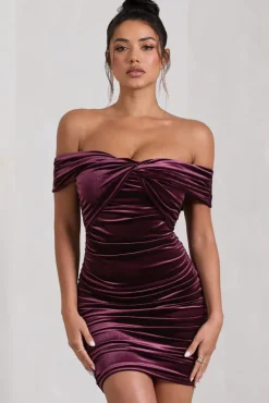 Appreciate | Port Velvet Twisted Bardot Ruched Mini Dress