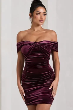 Appreciate | Port Velvet Twisted Bardot Ruched Mini Dress