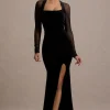 Apres | Black Velvet Bodycon Split Maxi Dress With Sheer Sleeves