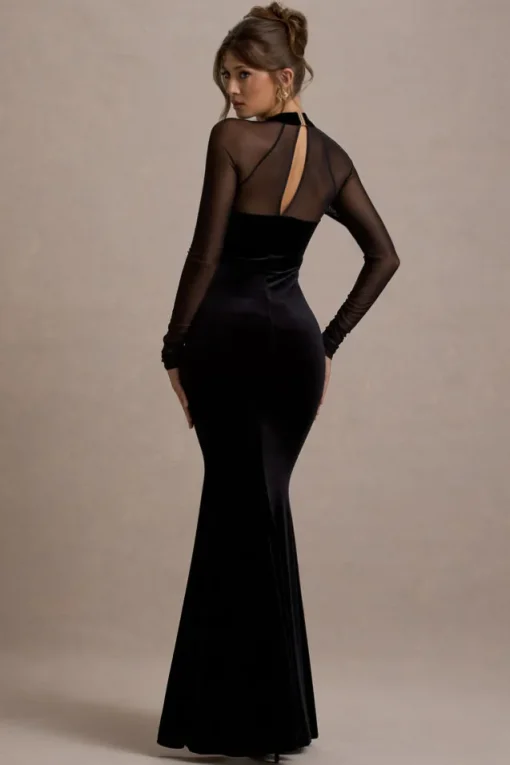 Apres | Black Velvet Bodycon Split Maxi Dress With Sheer Sleeves