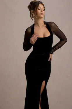 Apres | Black Velvet Bodycon Split Maxi Dress With Sheer Sleeves