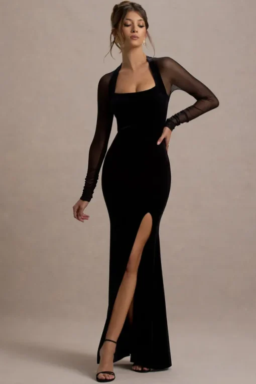 Apres | Black Velvet Bodycon Split Maxi Dress With Sheer Sleeves