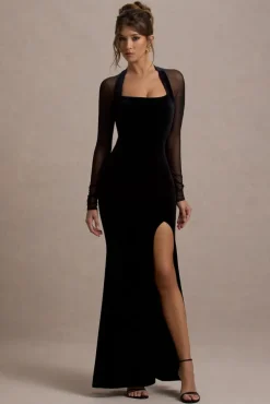Apres | Black Velvet Bodycon Split Maxi Dress With Sheer Sleeves