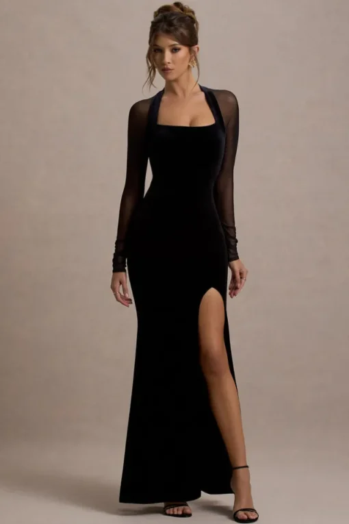 Apres | Black Velvet Bodycon Split Maxi Dress With Sheer Sleeves