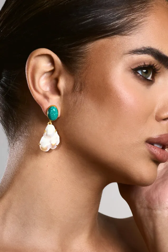 Aqua | Gold u0026 Green Drop Earrings With Iridescent Shells