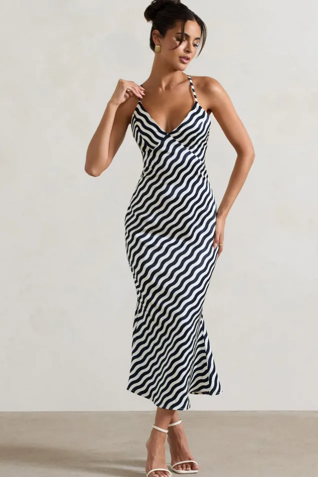 Aquarius | Navy Wave Print Satin Open-Back Midi Dress