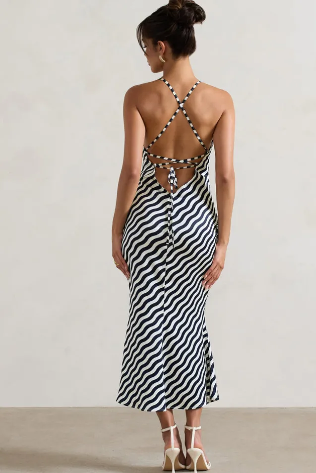 Aquarius | Navy Wave Print Satin Open-Back Midi Dress