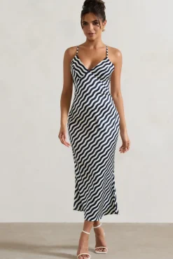 Aquarius | Navy Wave Print Satin Open-Back Midi Dress