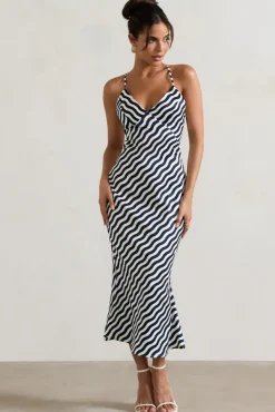 Aquarius | Navy Wave Print Satin Open-Back Midi Dress