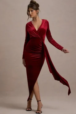 Arcadia | Berry Velvet Plunge-Neck Wrap Maxi Dress