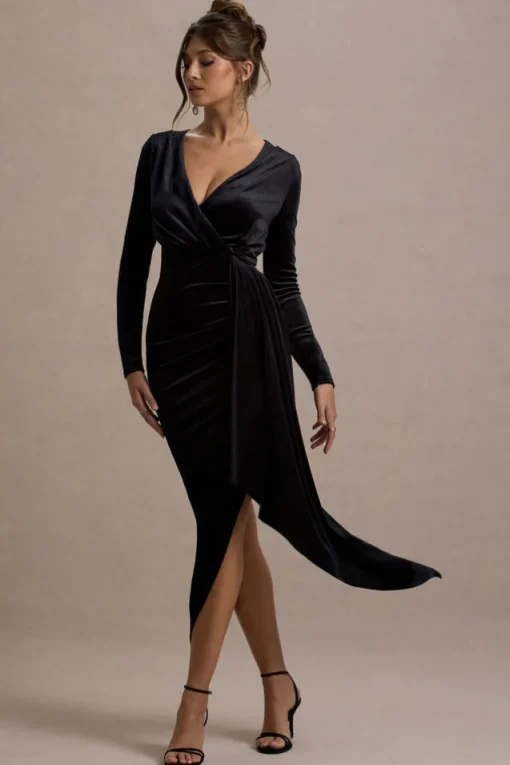 Arcadia | Black Velvet Plunge-Neck Wrap Maxi Dress