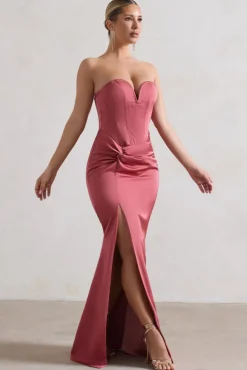 Ardelle | Rose Pink Satin Corseted Wrap Maxi Dress