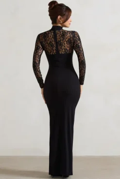 Arden | Black High-Neck Split Maxi Dress With Lace Sleeves