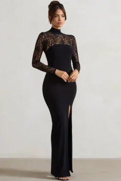 Arden | Black High-Neck Split Maxi Dress With Lace Sleeves