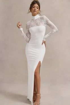 Arden | White High-Neck Split Maxi Dress With Lace Sleeves