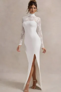 Arden | White High-Neck Split Maxi Dress With Lace Sleeves