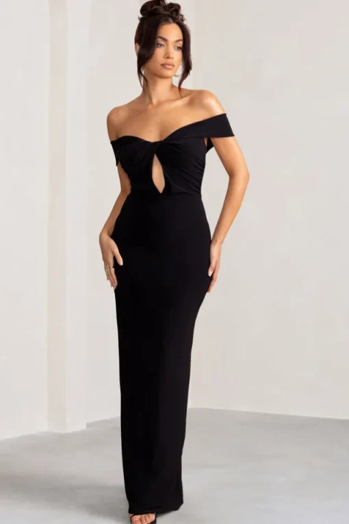 Arella | Black One Shoulder Twist Front Maxi Dress