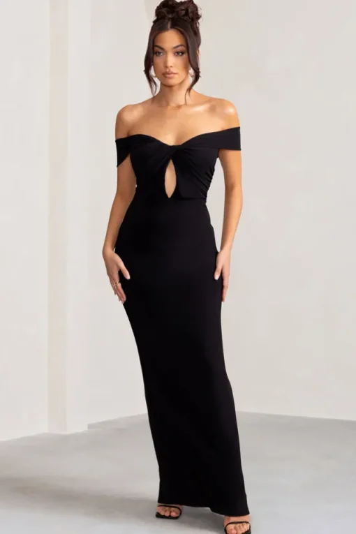 Arella | Black One Shoulder Twist Front Maxi Dress