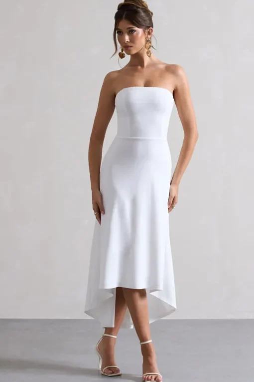 Ariela | White Bandeau High-Low Midi Dress