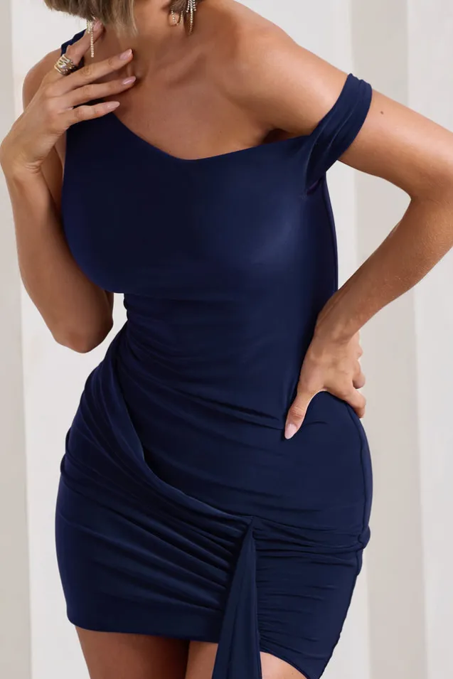Arielle | Navy Asymmetric Mini Dress With Tie Sash