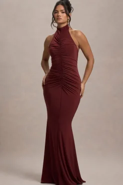 Arietta | Port High-Neck Ruched Fishtail Maxi Dress