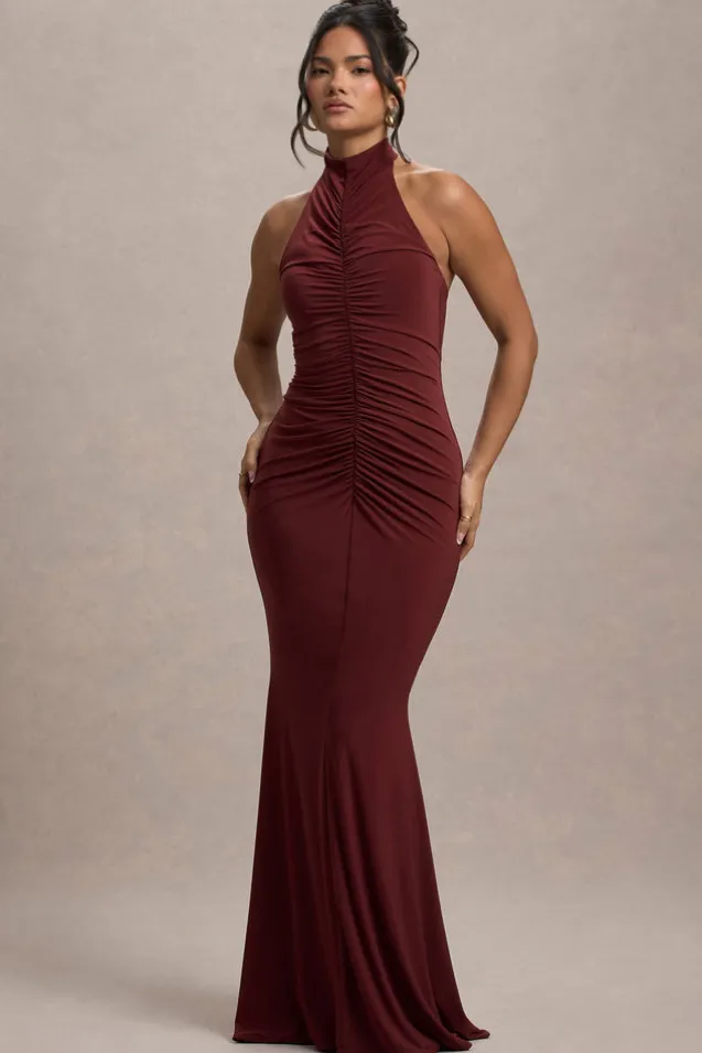 Arietta | Port High-Neck Ruched Fishtail Maxi Dress