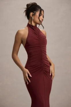 Arietta | Port High-Neck Ruched Fishtail Maxi Dress