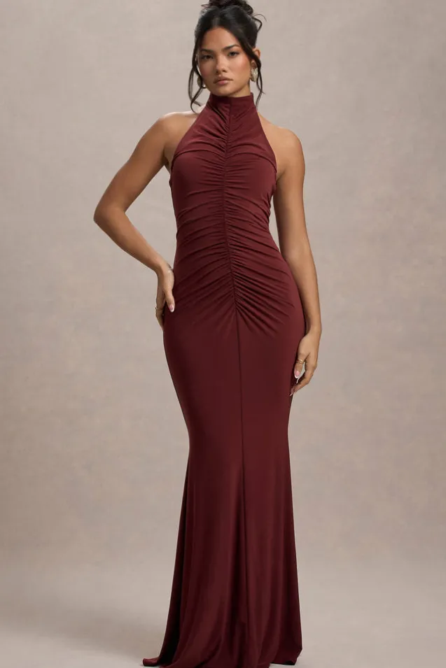 Arietta | Port High-Neck Ruched Fishtail Maxi Dress