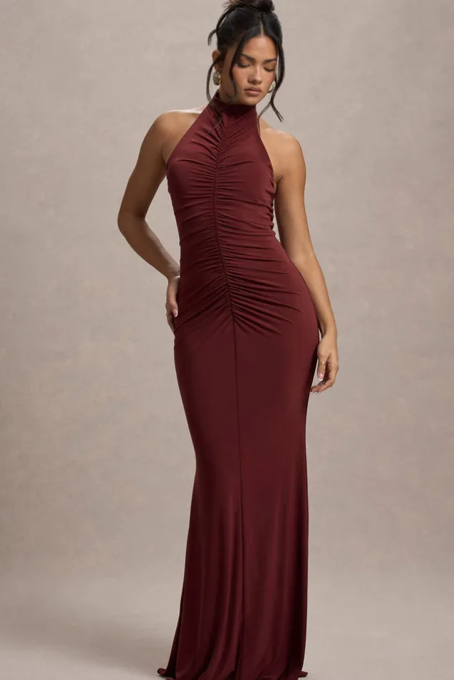 Arietta | Port High-Neck Ruched Fishtail Maxi Dress