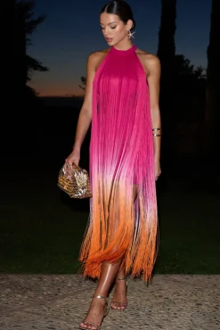 Arizona | Pink u0026 Orange Ombre Fringe High-Neck Mini Dress