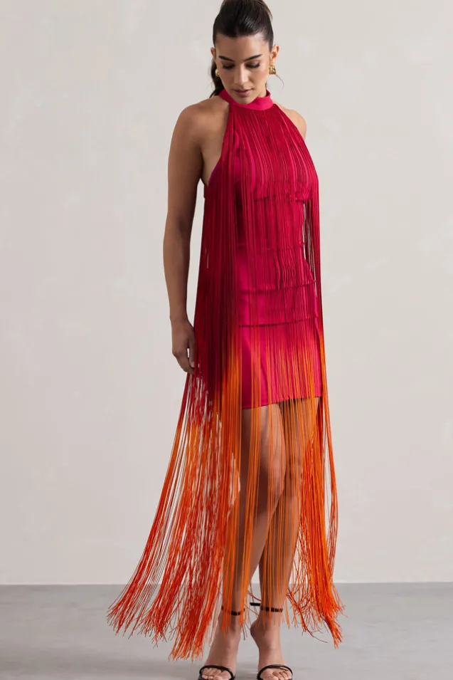Arizona | Pink u0026 Orange Ombre Fringe High-Neck Mini Dress