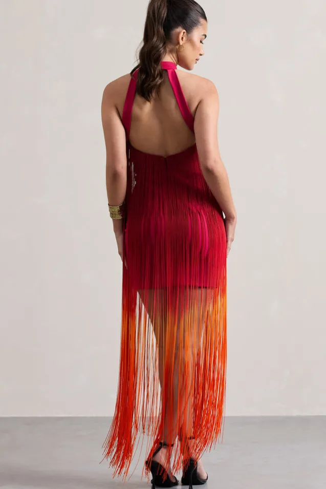 Arizona | Pink u0026 Orange Ombre Fringe High-Neck Mini Dress