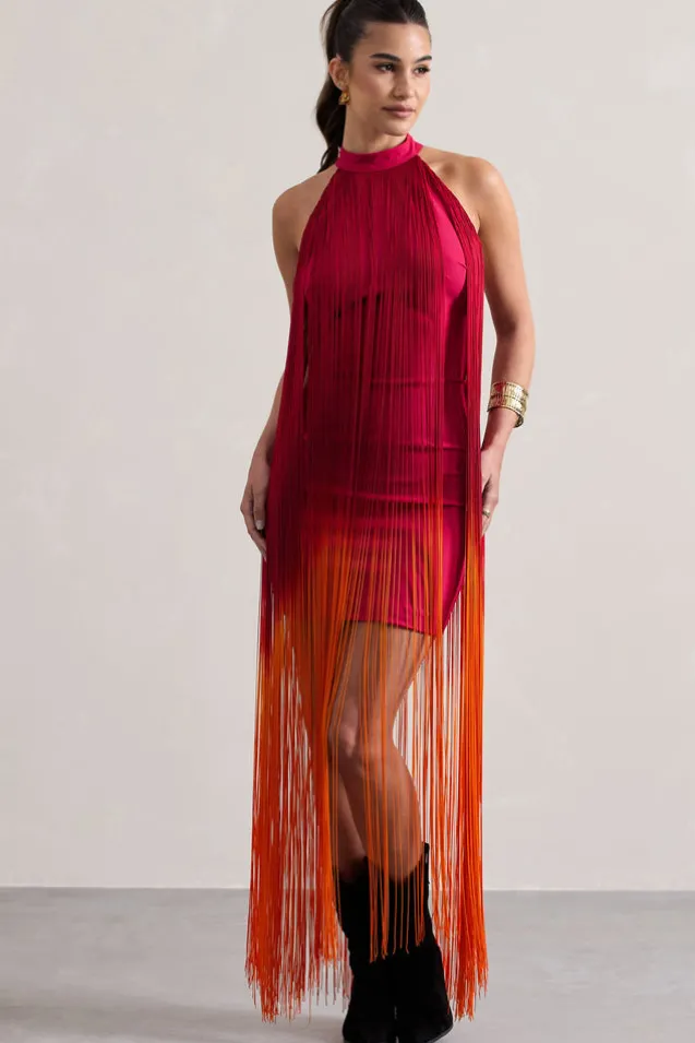 Arizona | Pink u0026 Orange Ombre Fringe High-Neck Mini Dress