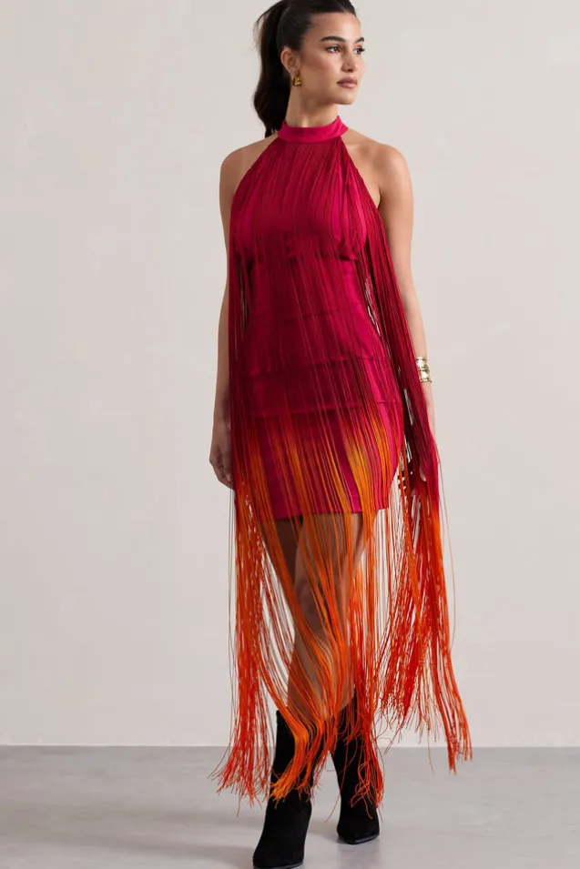 Arizona | Pink u0026 Orange Ombre Fringe High-Neck Mini Dress