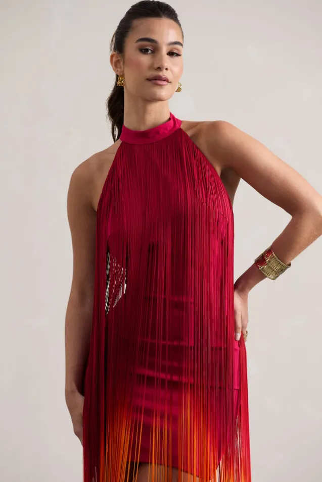 Arizona | Pink u0026 Orange Ombre Fringe High-Neck Mini Dress