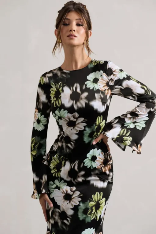 Arlitta | Black Floral Print Satin Long-Sleeve Midi Dress