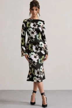 Arlitta | Black Floral Print Satin Long-Sleeve Midi Dress