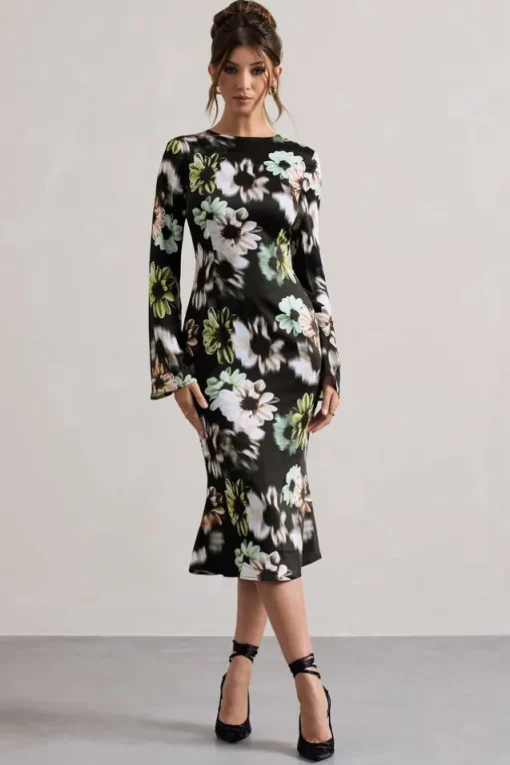Arlitta | Black Floral Print Satin Long-Sleeve Midi Dress