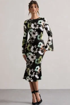 Arlitta | Black Floral Print Satin Long-Sleeve Midi Dress