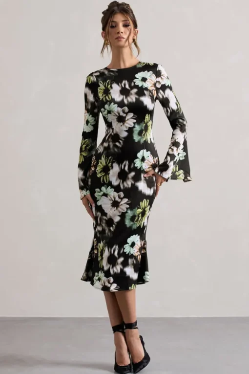 Arlitta | Black Floral Print Satin Long-Sleeve Midi Dress