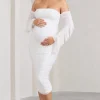 Aroma | White Ruched Mesh Maternity Midi Dress With Ruffled Sleeves