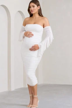 Aroma | White Ruched Mesh Maternity Midi Dress With Ruffled Sleeves