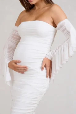 Aroma | White Ruched Mesh Maternity Midi Dress With Ruffled Sleeves